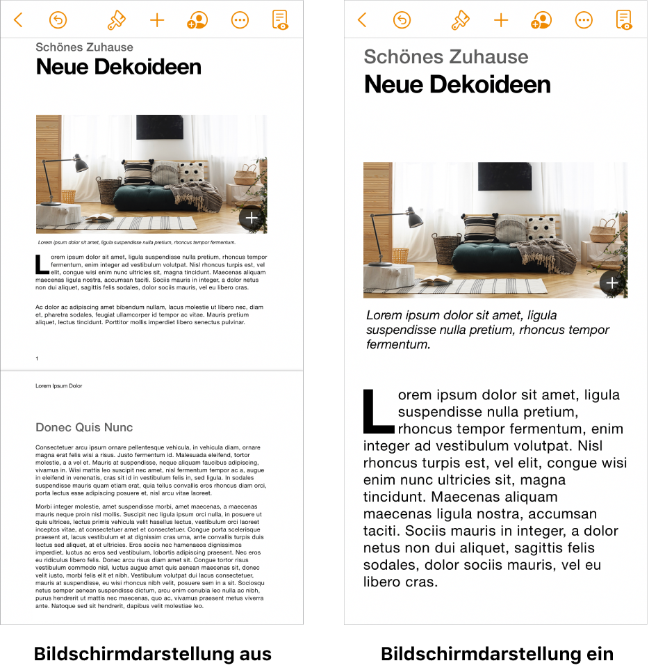 Zwei Ansichten desselben Pages-Dokuments – in einer Ansicht ist der Modus „Bildschirmdarstellung“ aktiviert, in der anderen deaktiviert.