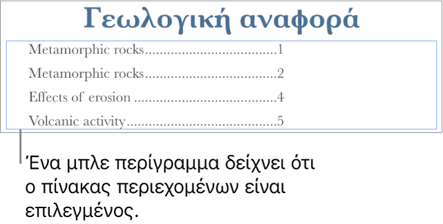 Πίνακας περιεχομένων που έχει προστεθεί σε ένα έγγραφο. Οι καταχωρίσεις εμφανίζουν τις επικεφαλίδες μαζί με τους αριθμούς σελίδων τους.