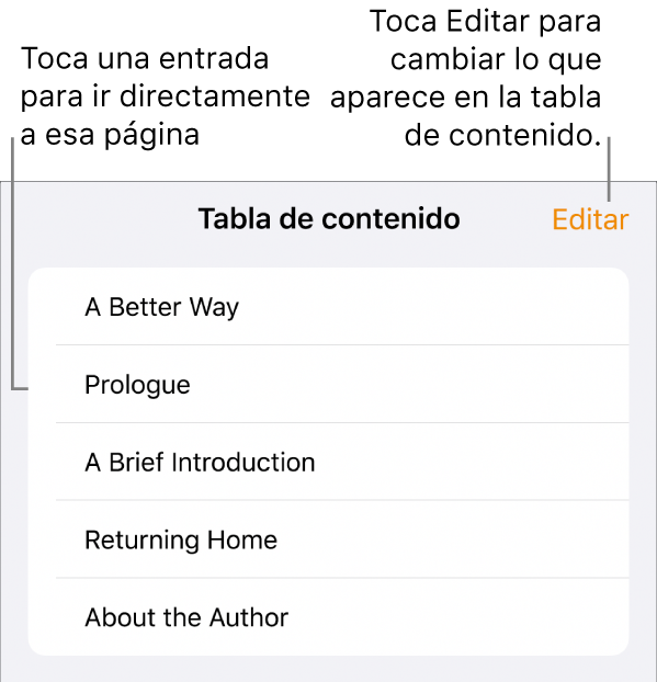 La visualización de la tabla de contenido con los encabezados en una lista. Un botón de Edición se encuentra en la esquina superior derecha, y en la parte inferior se encuentran los botones Miniatura de página y Tabla de contenido.