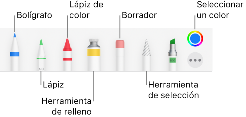 La barra de herramientas de dibujo con un bolígrafo, lápiz, lápiz de color, relleno, borrador, herramienta de selección y paleta de colores, que muestra el color actual.