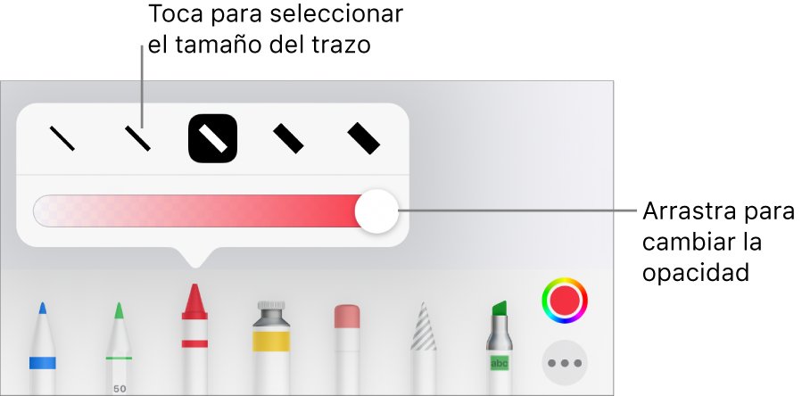 Controles para seleccionar un tamaño de trazo y un regulador para ajustar la opacidad.