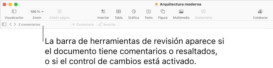 Barra de herramientas de Pages en la parte superior de la pantalla con los botones Visualización, Zoom, “Añadir página”, Insertar, Tabla, Gráfica, Texto, Figura, Multimedia y Comentario por la parte superior. Debajo de la barra de herramientas de Pages está la barra de herramientas de revisión con el botón para mostrar u ocultar comentarios, flechas para ir al comentario previo o al siguiente, el número total de comentarios y los botones para añadir un comentario o resaltar.