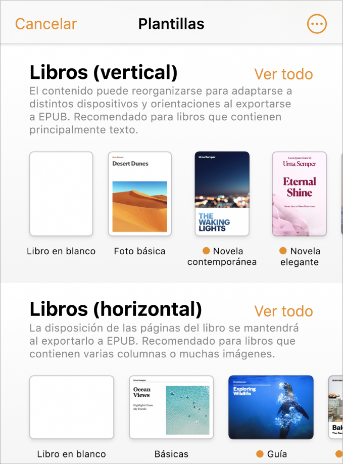 El selector de plantilla con plantillas de libro con orientación vertical en la parte superior y orientación horizontal abajo.