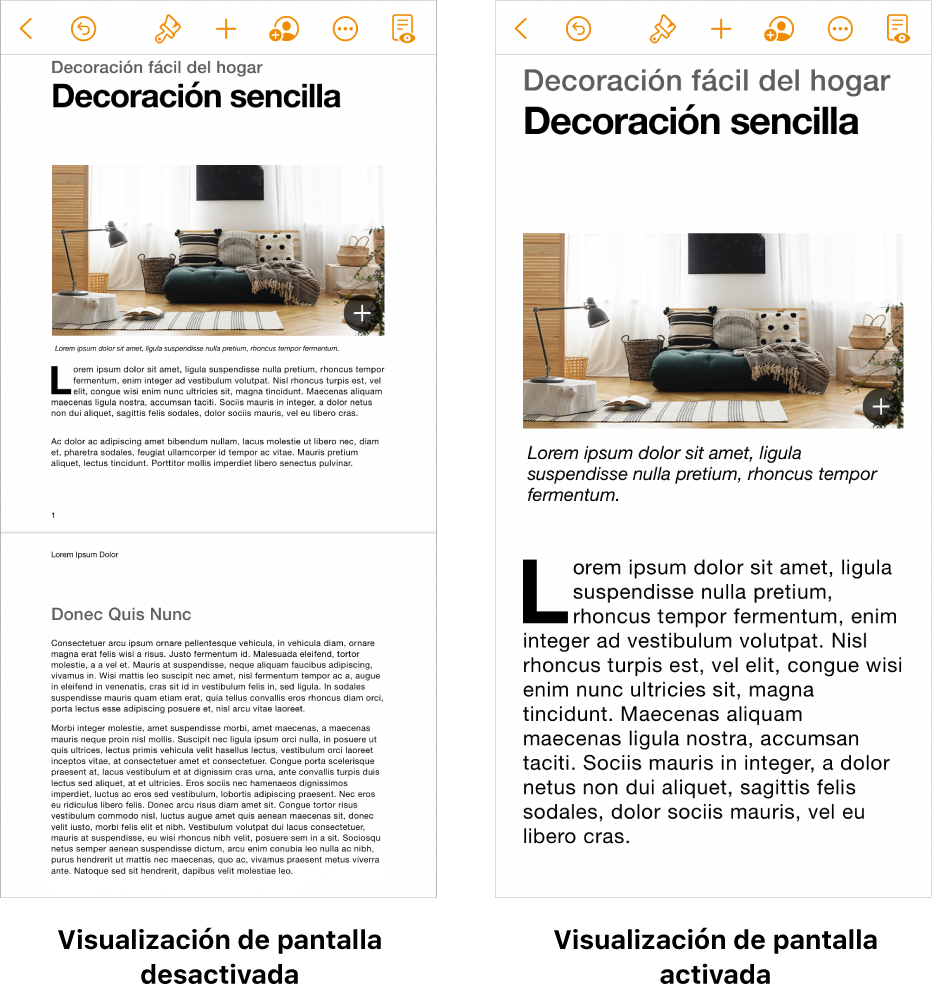 Dos vistas del mismo documento de Pages, con la visualización de pantalla activada y desactivada.