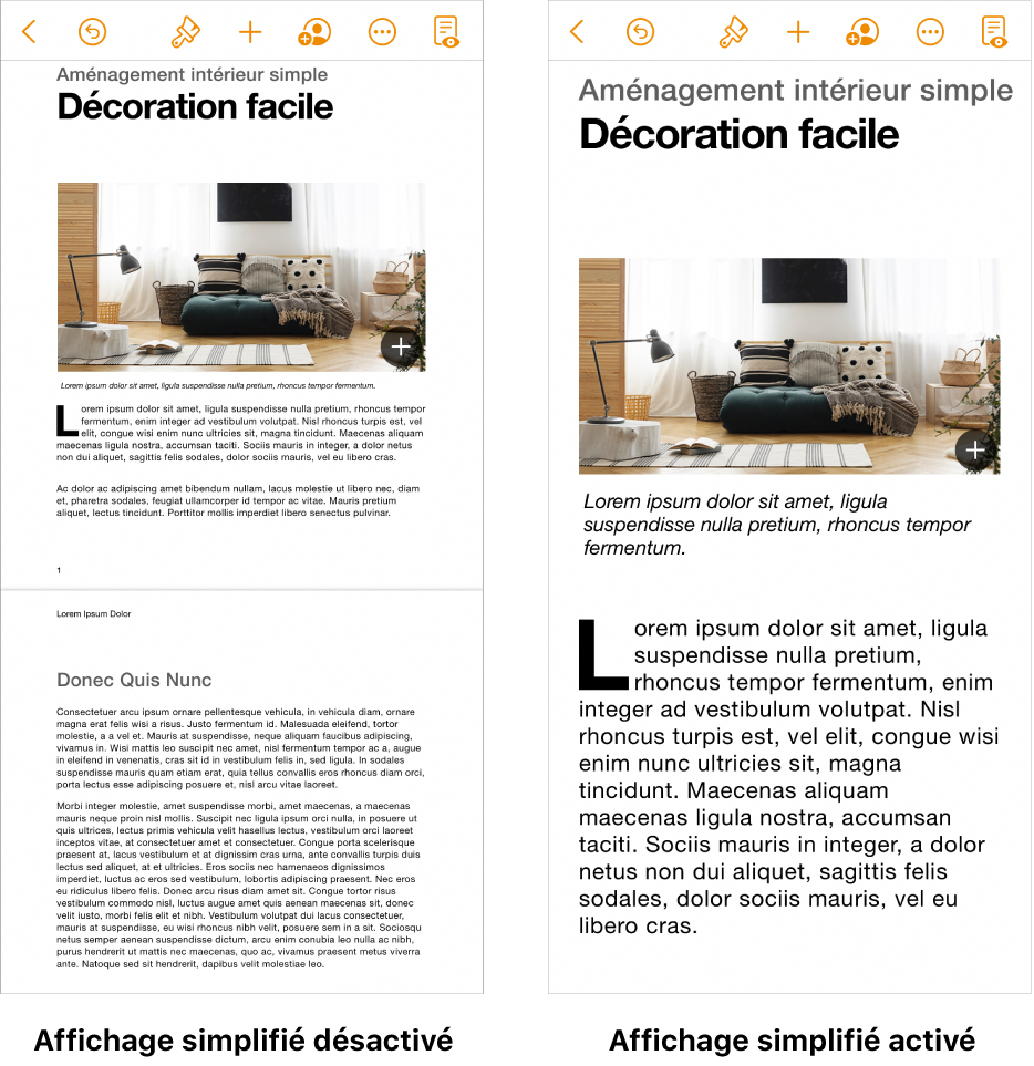 Deux aperçus du même document Pages, l’un avec l’Affichage simplifié activé et l’autre avec l’Affichage simplifié désactivé.