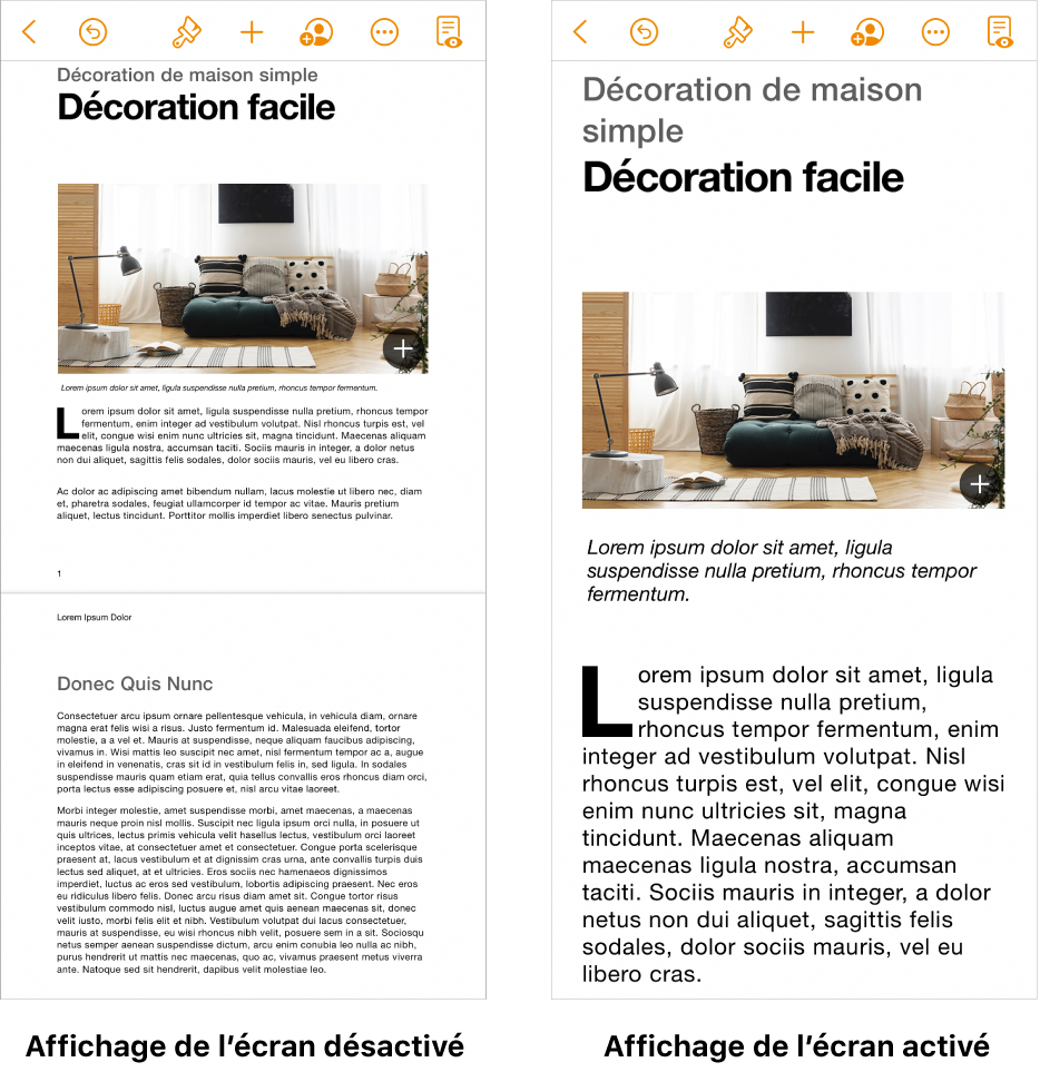 Deux présentations du même document Pages, l’une avec « Affichage de l’écran » activé et l’autre avec « Affichage de l’écran » désactivé.