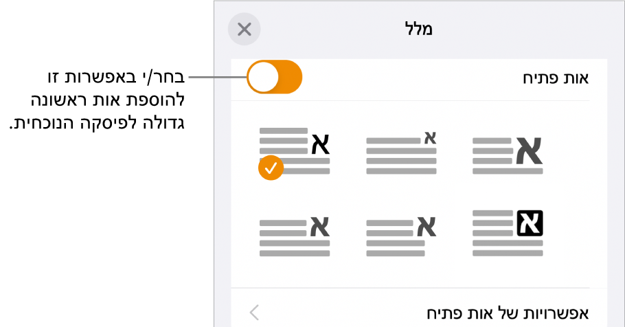 כלי הבקרה של ״אות פתיח״ נמצאים בתחתית התפריט ״מלל״.