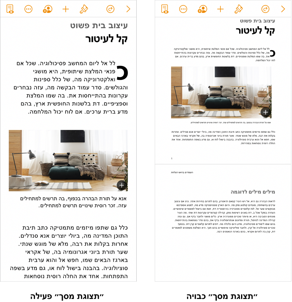 שתי תצוגות של אותו מסמך Pages, אחת שבה המאפיין ״תצוגת מסך״ מופעל ואחת שבה המאפיין ״תצוגת מסך״ מושבת.