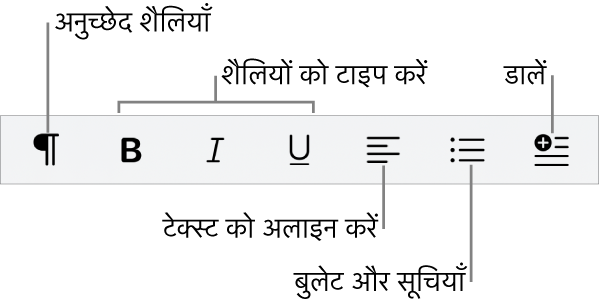 “त्वरित फ़ॉर्मैट” बार जो अनुच्छेद शैलियों, टाइप शैलियों, टेक्स्ट अलाइनमेंट, बुलेट और सूचियों और तत्वों को डालने के लिए आइकॉन दिखाता है।