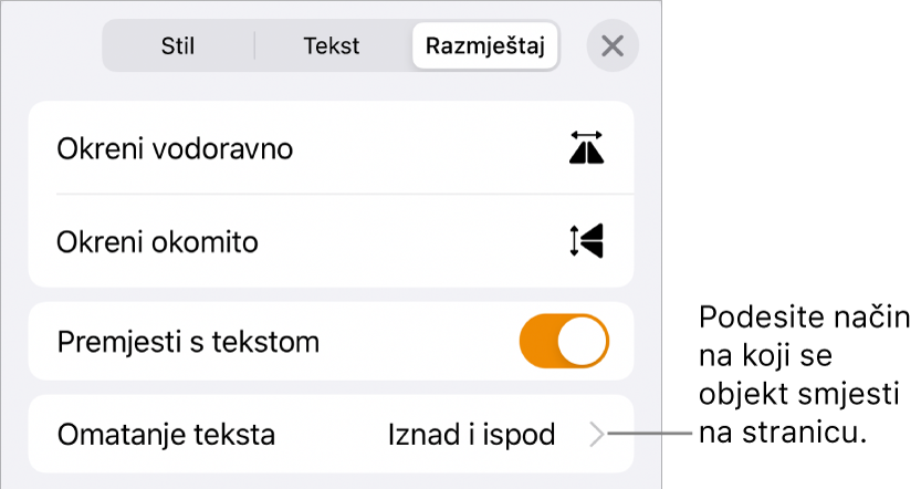 Kontrole Razmjesti s Pomiči uz tekst i Omatanje teksta.