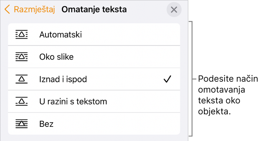 Kontrole Omatanje teksta s postavkama za Automatski, Oko slike, Iznad i ispod, U razini s tekstom i Bez.