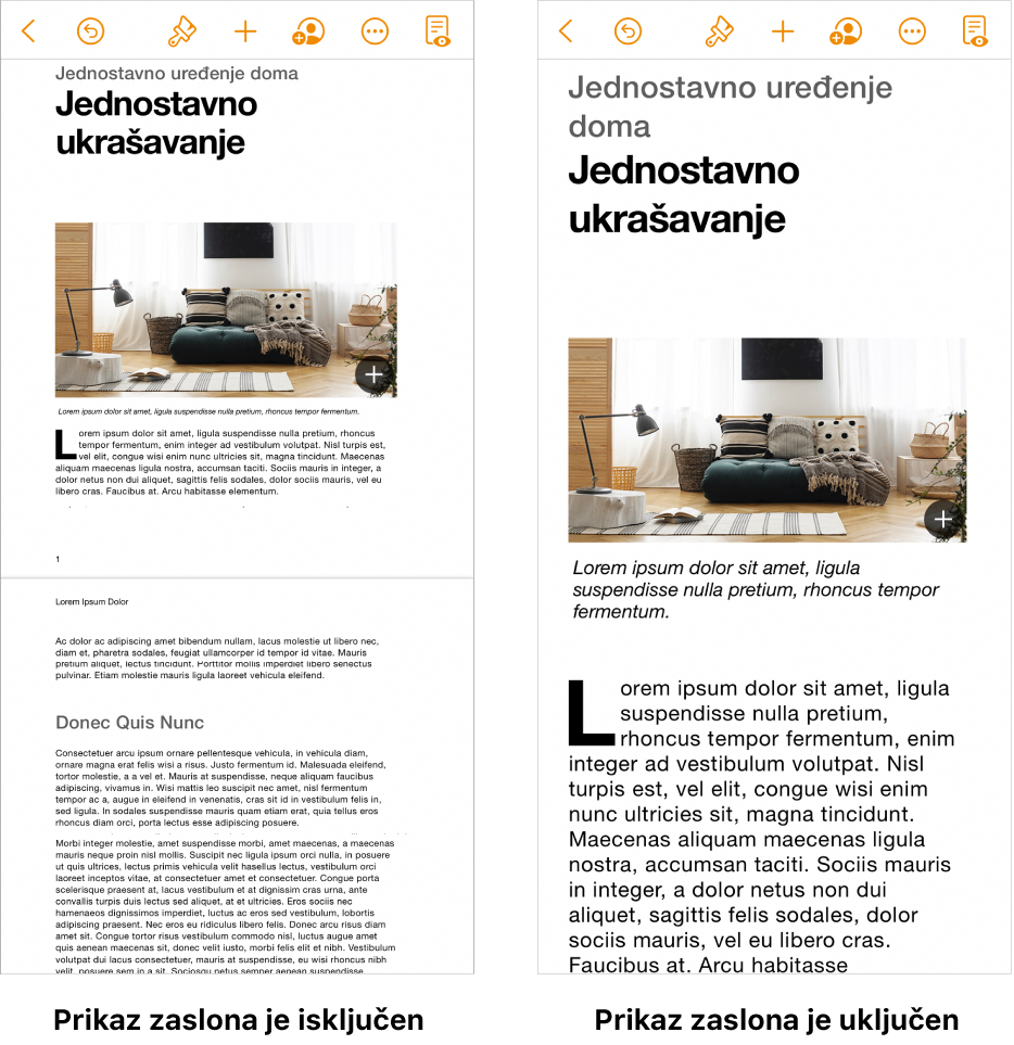 Dva prikaza istog dokumenta aplikacije Pages, jedan s Prikazom zaslona uključenim i jedan s Prikazom zaslona isključenim.