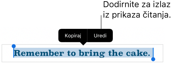 Rečenica je odabrana, a poviše nje je kontekstualni izbornik s tipkama Kopiraj i Uredi.