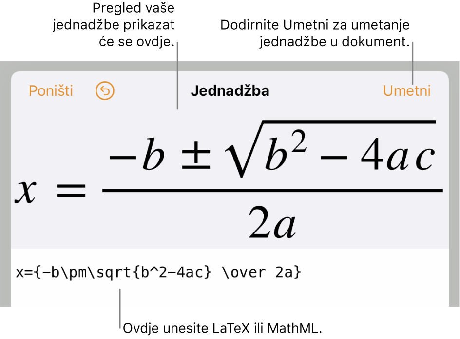 Dijaloški okvir Jednadžba, koji prikazuje kvadratnu formulu napisanu korištenjem LaTeX naredbi i prikaz formule iznad.
