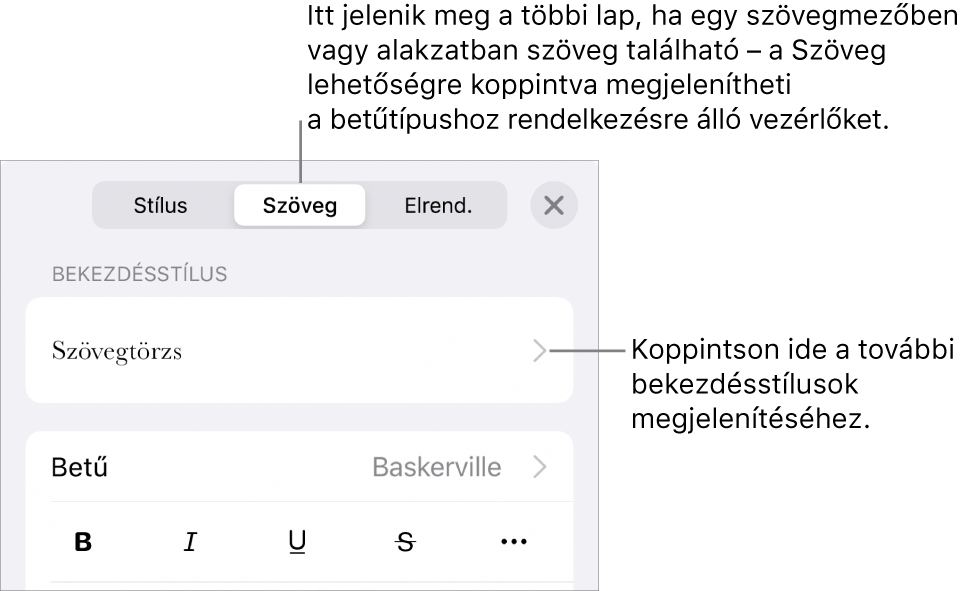 A Formátum menü a bekezdés és a karakterek stílusának, betűtípusának, méretének és színének beállítására szolgáló vezérlőkkel.