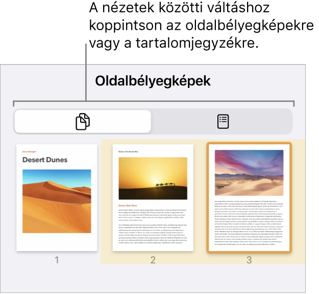 Az Oldalbélyegképek nézete az egyes oldalakhoz tartozó oldalbélyegképekkel. Az Oldalbélyegképek gomb és a Tartalomjegyzék gomb a képernyő alján található.