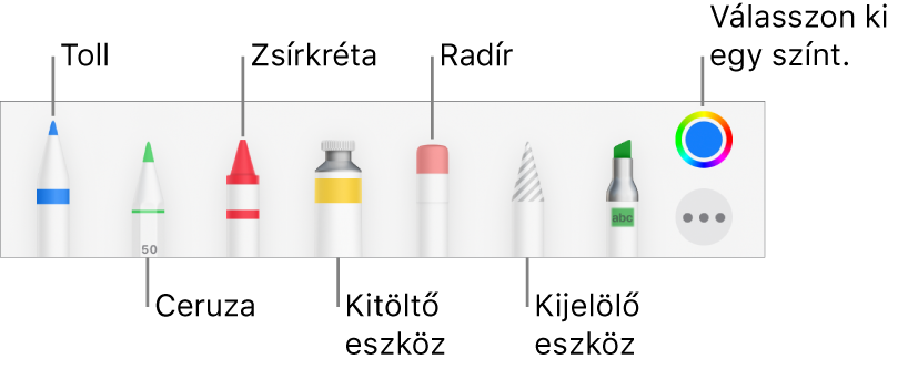 A rajz eszközsor tollal, ceruzával, zsírkrétával, kitöltőeszközzel, radírral, kijelölés eszközzel és az aktuális színt megjelenítő színrekesszel.