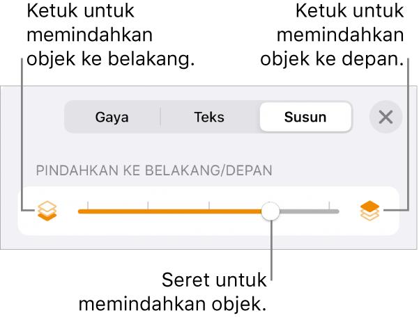 Tombol Pindahkan ke Belakang, tombol Pindahkan ke Depan, dan penggeser lapisan.