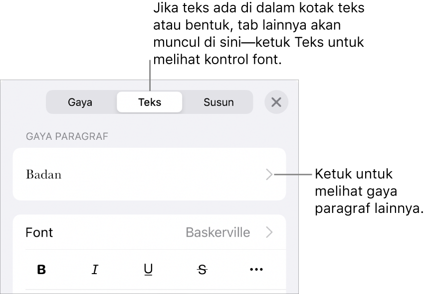 Menu Format menampilkan kontrol teks untuk mengatur paragraf dan gaya karakter, font, ukuran, dan warna.