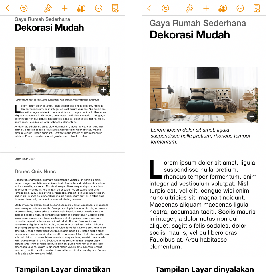 Dua tampilan dokumen Pages yang sama, satu dengan Tampilan Layar dinyalakan dan satu dengan Tampilan Layar dimatikan.