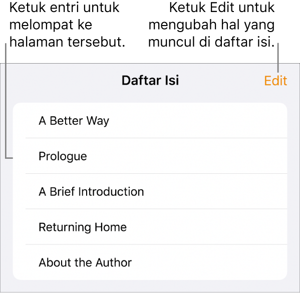 Tampilan daftar isi dengan heading di daftar. Tombol Edit terdapat di pojok kanan atas dan di bagian bawah terdapat tombol Gambar Mini Halaman serta Daftar Isi.
