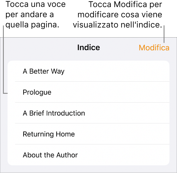 La vista indice con le intestazioni in un elenco. Nell'angolo superiore destro c'è un pulsante Modifica, mentre nella parte inferiore ci sono i pulsanti “Miniature pagina” e Indice.
