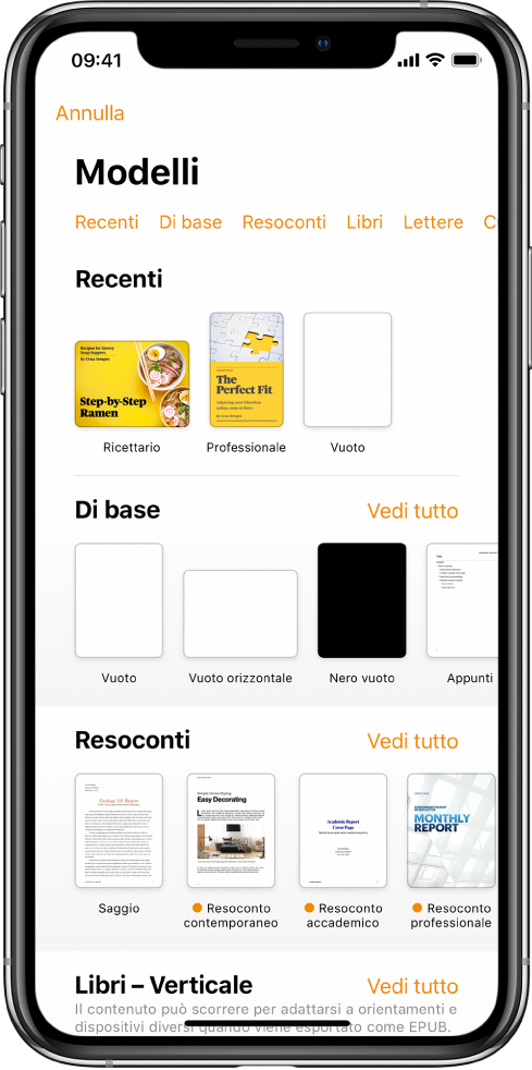 “Scelta modelli”, in cui è visibile una riga di categorie nella parte superiore dello schermo che puoi toccare per filtrare le opzioni. Sotto ci sono delle miniature di modelli con design predefinito disposti in riga per categoria, a partire da Nuovo in cima e seguiti da Recenti e “Di base”. Viene visualizzato un pulsante “Vedi tutto” in alto e a destra di ciascuna riga della categoria. Il pulsante relativo a lingua e zona si trova nell'angolo superiore destro.