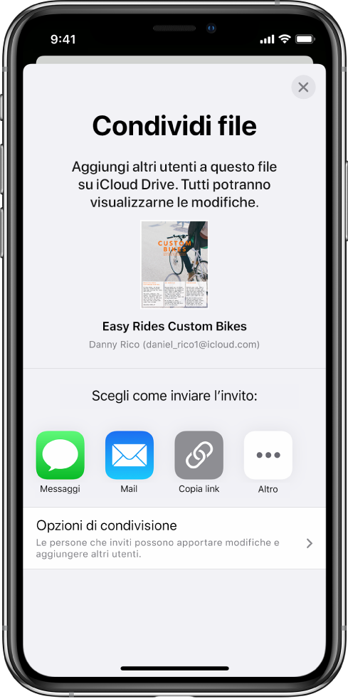 La schermata “Aggiungi persone” che mostra un’immagine del documento da condividere. Al di sotto ci sono i pulsanti delle modalità per inviare l’invito, che includono Messaggi, Mail, “Copia link” e Altro. Nella parte inferiore c’è il pulsante “Opzioni di condivisione”.