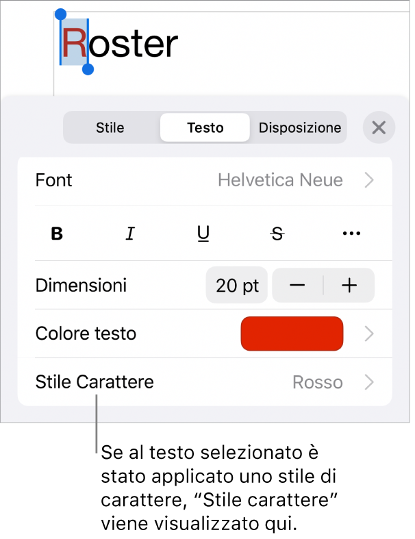 Controlli di Formato con “Stile carattere” sotto i controlli di Colore. Stile carattere Nessuno compare con un asterisco.