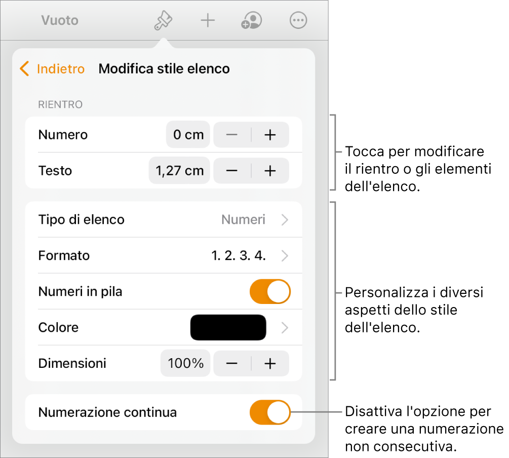 Il menu “Modifica stili elenco” con controlli per la spaziatura del rientro, tipo di elenco e formato, numeri in pila, colore e dimensione elenco e numerazione continua.