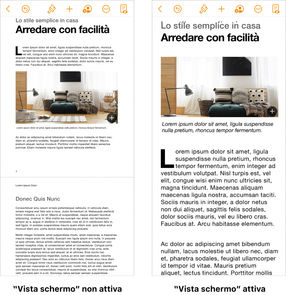 Due viste dello stesso documento di Pages, una con “Vista schermo” attiva e una con “Vista schermo” disattivata.