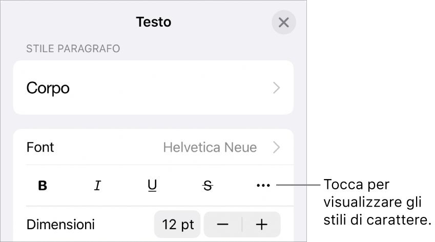 I controlli di Formattazione con i pulsanti Grassetto, Corsivo, Sottolineato, Barrato e “Altre opzioni di testo”.