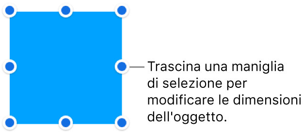 Un oggetto con punti blu sul bordo per la modifica delle dimensioni.