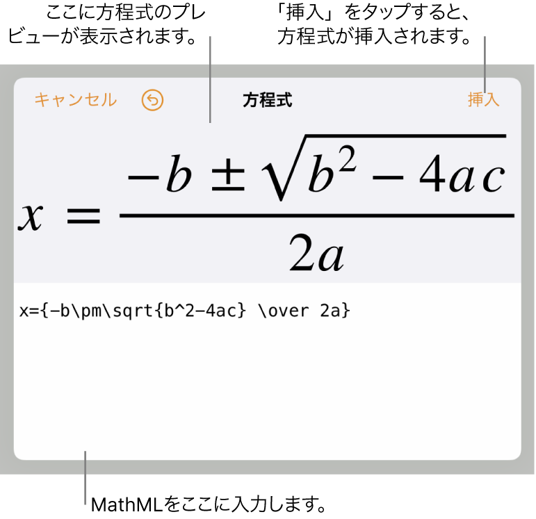 直線の傾きを表す方程式のMathMLコードと、その上に表示された数式のプレビュー。