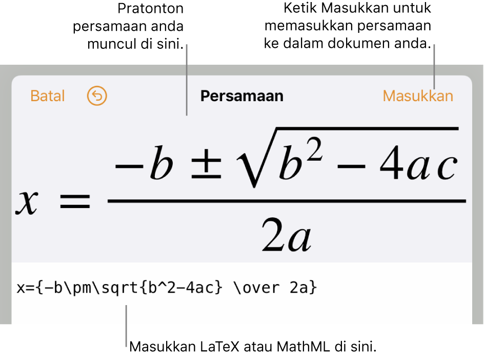 Dialog Persamaan, menunjukkan formula kuadratik ditulis menggunakan perintah LaTeX manakala pratonton formulanya di atas.