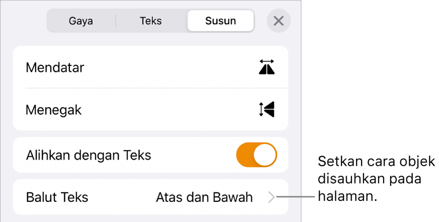 Kawalan Susun dengan Alihkan dengan Teks dan Balutan Teks.