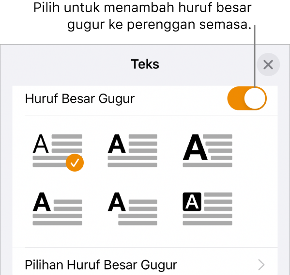 Kawalan Huruf Besar Gugur terletak di bahagian bawah menu Teks.