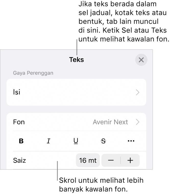 Kawalan teks dalam menu Format untuk mengesetkan perenggan dan gaya, fon, saiz dan warna aksara.