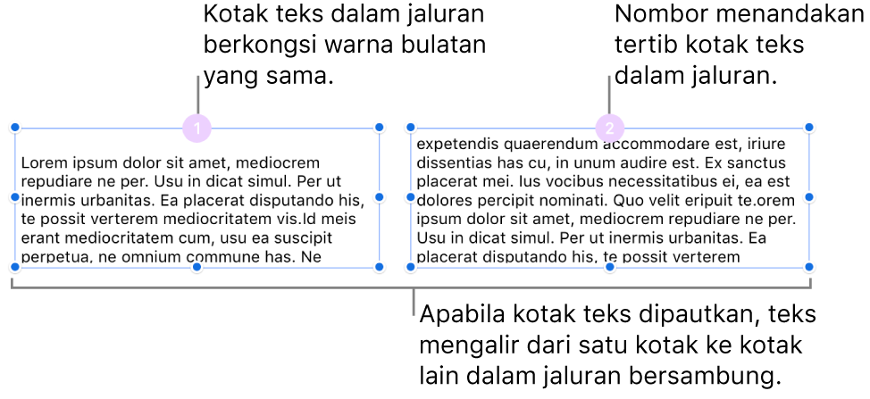 Dua kotak teks dengan bulatan ungu di atasnya dan nombor 1 dan 2 dalam bulatan.