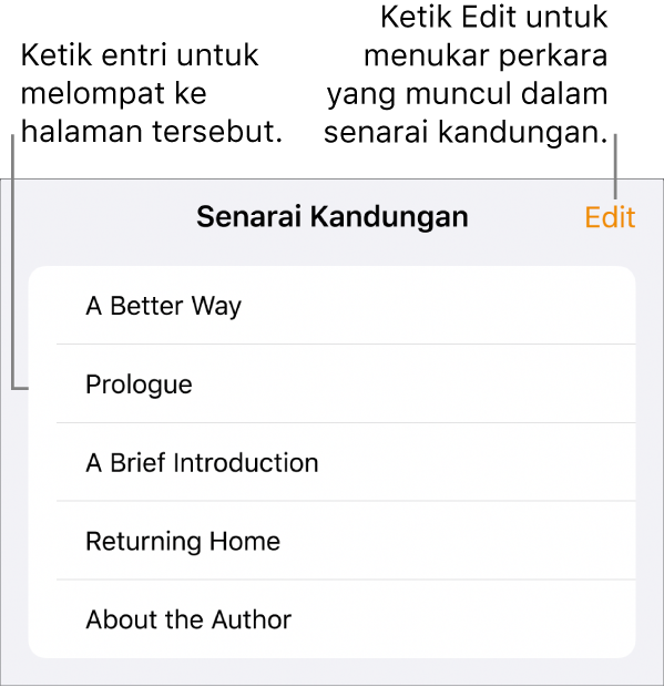 Paparan senarai kandungan dengan pengepala dalam senarai. Butang Edit berada di penjuru kanan atas dan di bahagian bawah adalah butang Imej Kecil Halaman dan Senarai Kandungan.