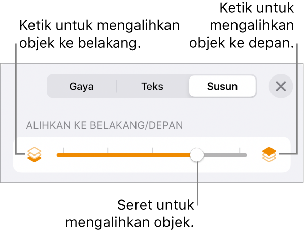 Butang Bergerak Ke Depan, butang Bergerak Ke Belakang dan gelangsar lapisan.