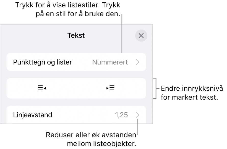 Punkttegn og lister-delen i Format-kontroller med bildeforklaringer for Punkttegn og lister, utrykk- og innrykk-knapper og linjeavstandskontroller.