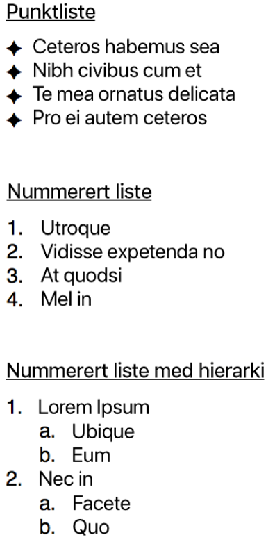 Eksempler på punktlister, ordnede lister og hierarkiske lister.