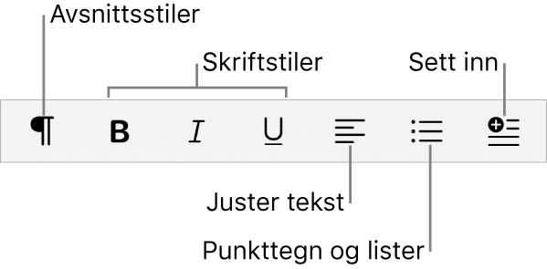 Hurtigformateringslinjen, med symboler for avsnittsstiler, skriftstiler, tekstjustering, punkttegn og lister og innsetting av elementer.