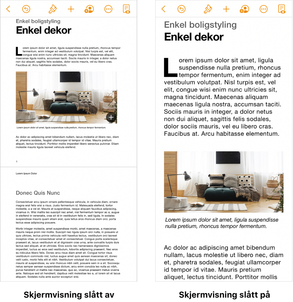 To visninger av det samme dokumentet: den ene med Skjermvisning slått på og den andre med Skjermvisning slått av.