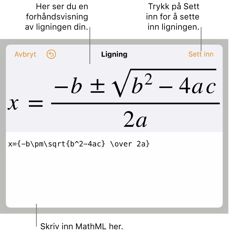 MathML-kode for en ligning for stigningen til en linje, og en forhåndsvisning av formelen ovenfor.