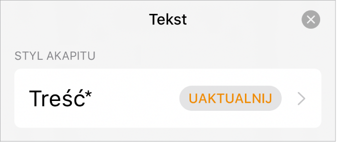 Styl akapitu z gwiazdką oraz znajdującym się po prawej stronie przyciskiem Uaktualnij.