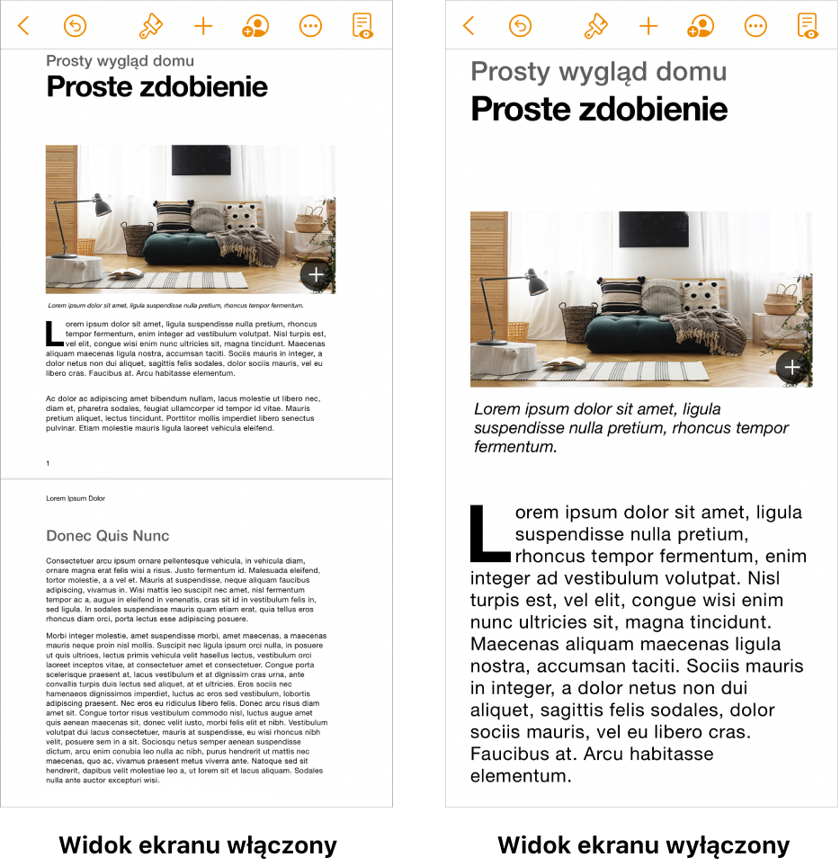 Dwa widoki tego samego dokumentu Pages; jeden z włączonym trybem Widok ekranu, a drugi z wyłączonym.