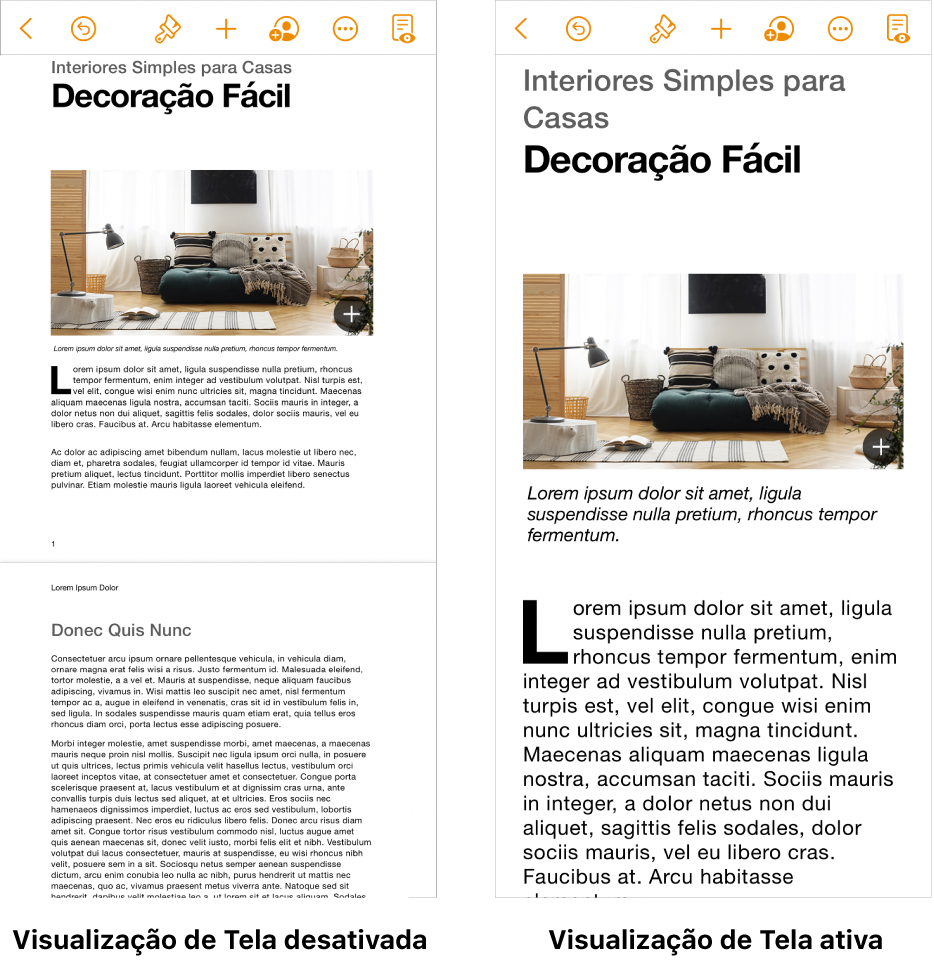 Duas visualizações do mesmo documento do Pages, uma com a Visualização de Tela ativada e outra com a Visualização de Tela desativada.