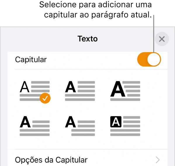 Controles Capitular localizados na parte inferior do menu Texto.